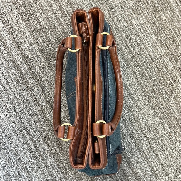 Vintage Denim Purse Shoulder Bag Handbag Double Handle Brown Vegan Leather - Picture 4 of 7